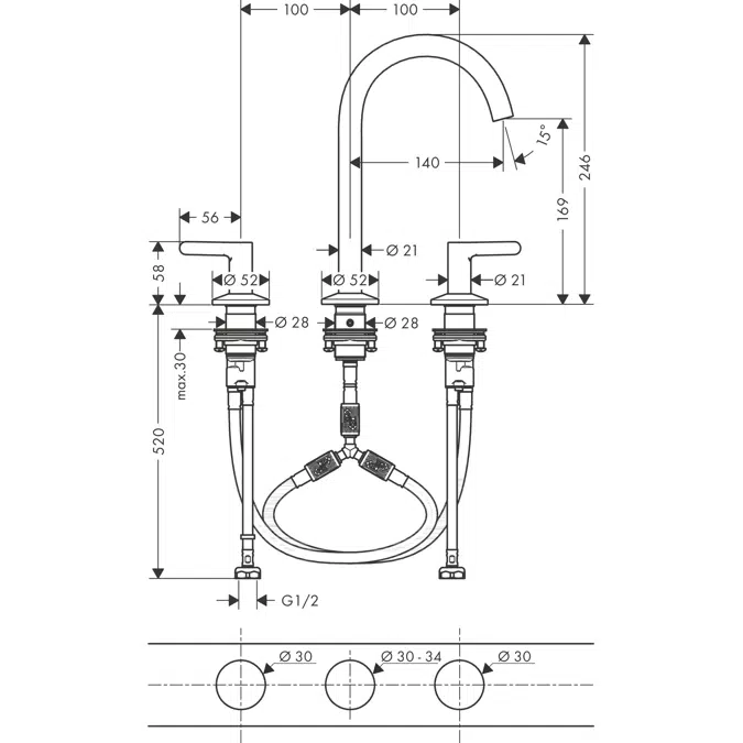 48050SGP AXOR One 3-hole basin mixer 170 with push-open waste set 2 ticks