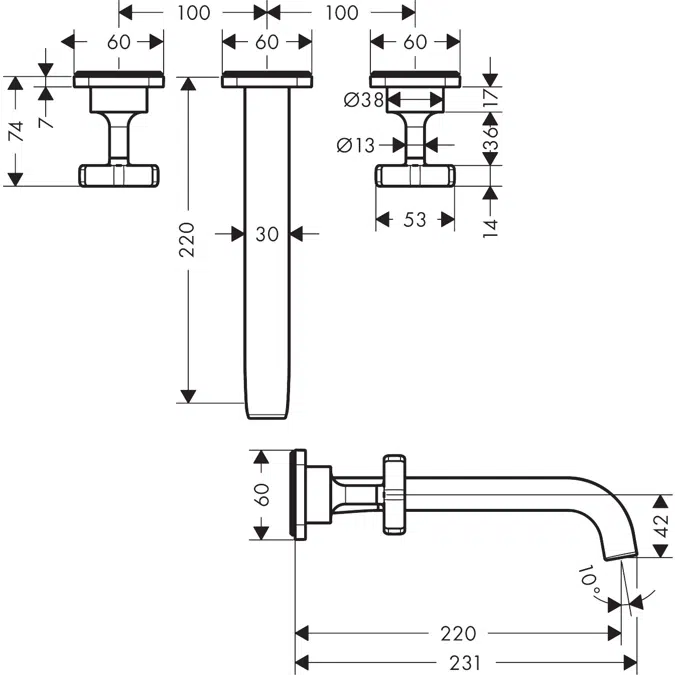 36107XXX AXOR Citterio E 3-hole basin mixer for concealed installation wall-mounted with spout 220 mm and escutcheons