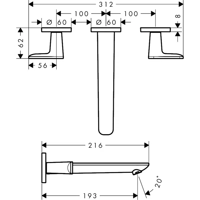 49070CHN AXOR Citterio C 3-hole basin mixer for concealed installation wall-mounted with spout 195 mm