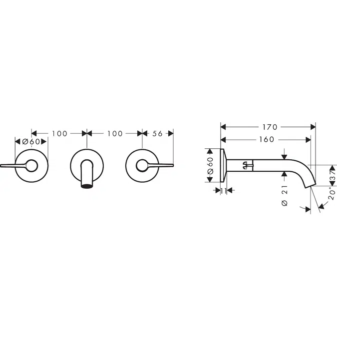 48150CHN AXOR One 3-hole basin mixer for concealed installation wall-mounted with spout 160 mm and lever handles