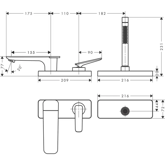 49431XXX AXOR Citterio C 3-hole rim mounted single lever bath mixer with sBox - cubic cut
