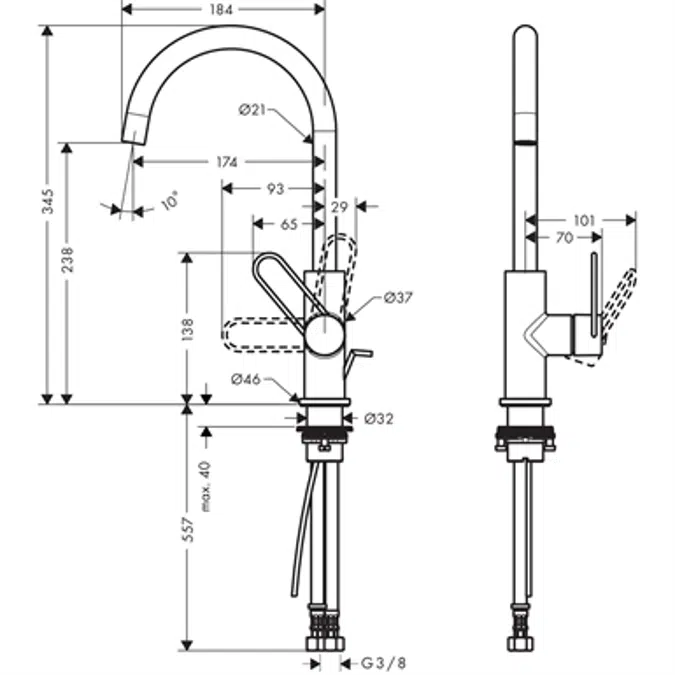 AXOR Uno Single lever basin mixer 240 with loop handle and pop-up waste set 38036930
