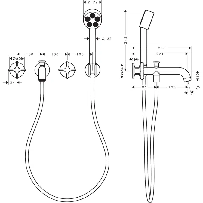 48443XXX AXOR One 3-hole bath mixer for concealed installation wall-mounted with cross handles and hand shower
