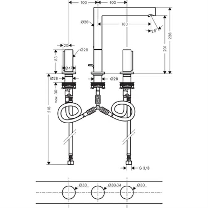AXOR Uno 3-h.basin mix.200 zero chr.