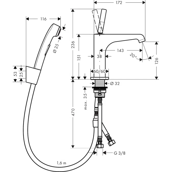 AXOR Citterio E Single lever basin mixer 130 with bidette hand shower and shower hose 1.60 m