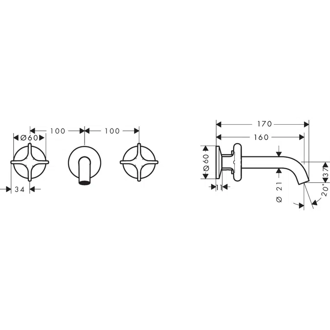 48130XXX AXOR One 3-hole basin mixer for concealed installation wall-mounted with spout 160 mm, cross handles and escutcheons
