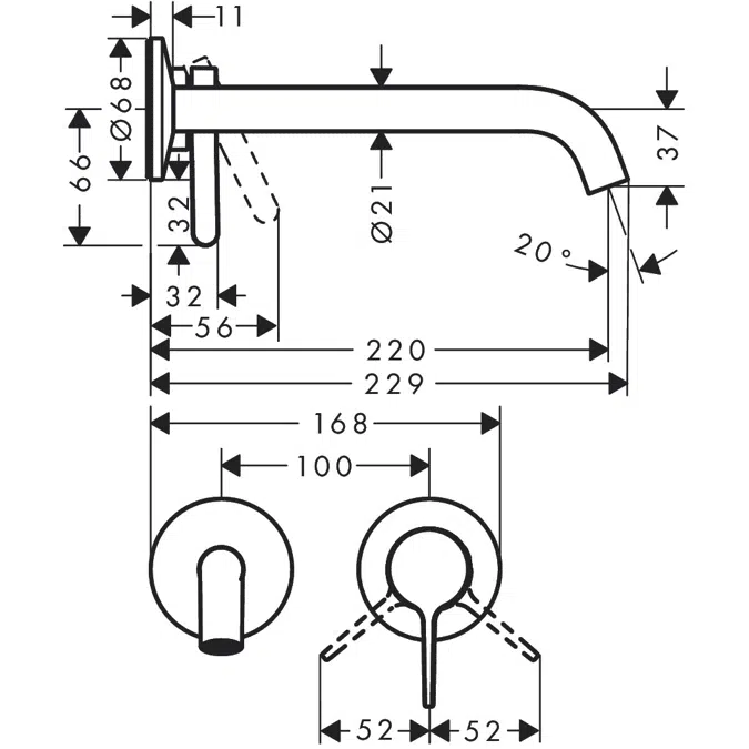 AXOR One Einhebel-Waschtischmischer Unterputz für Wandmontage mit Hebelgriff und Auslauf 220 mm 48120XXX