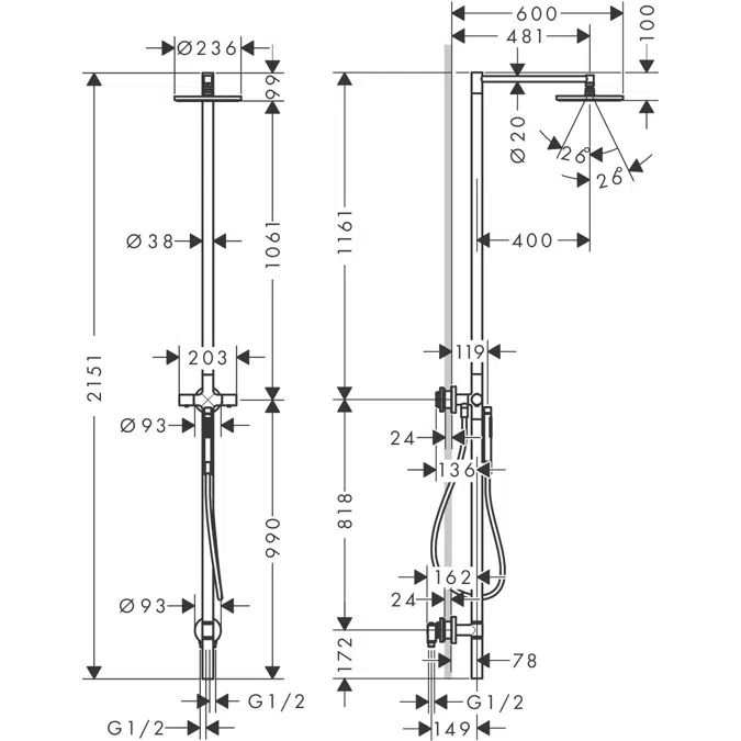 AXOR Starck Nature shower column with overhead shower 240 1jet