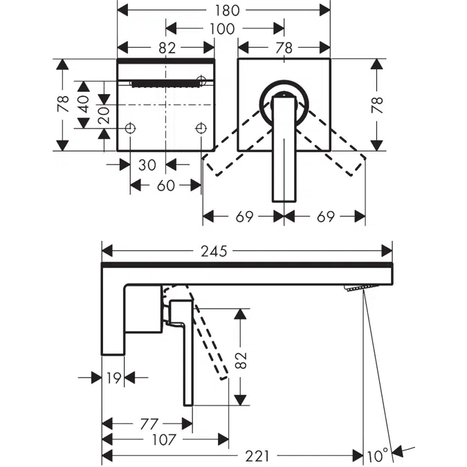 AXOR MyEdition Single lever basin mixer for concealed installation wall-mounted with spout 221 mm without plate 2 ticks