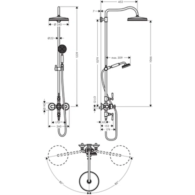 AXOR Montreux Showerpipe with thermostat and overhead shower 240 1jet 16572820