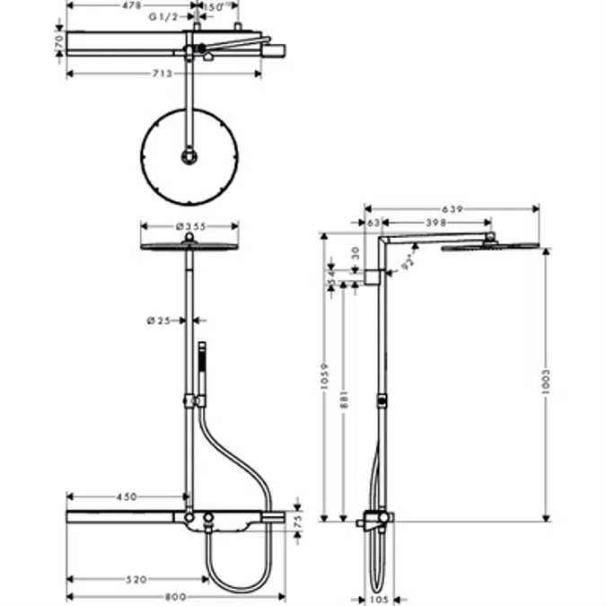 AXOR ShowerSolutions Showerpipe with thermostat 800 and overhead shower 350 1jet 27984820