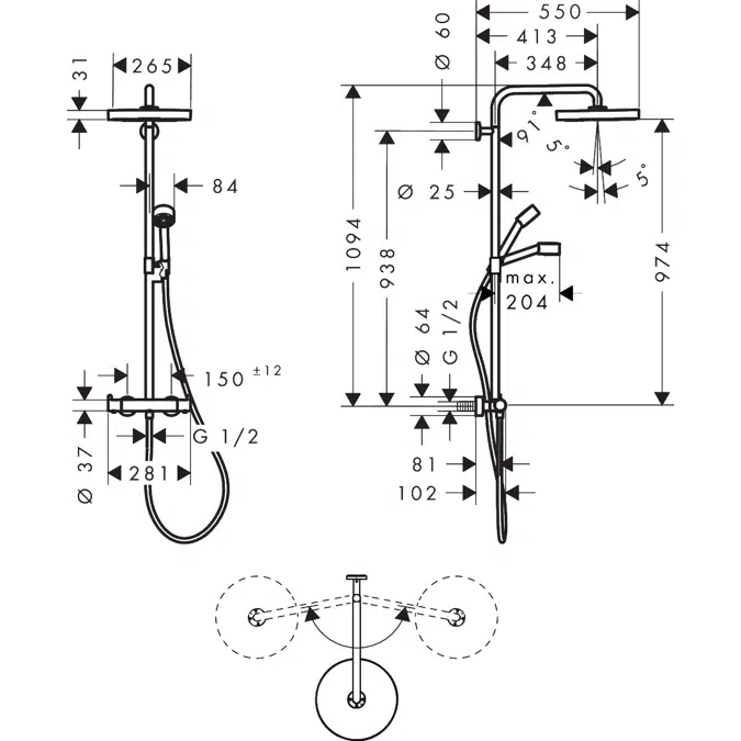 48794XXX AXOR One Showerpipe with thermostat and overhead shower 280 1jet