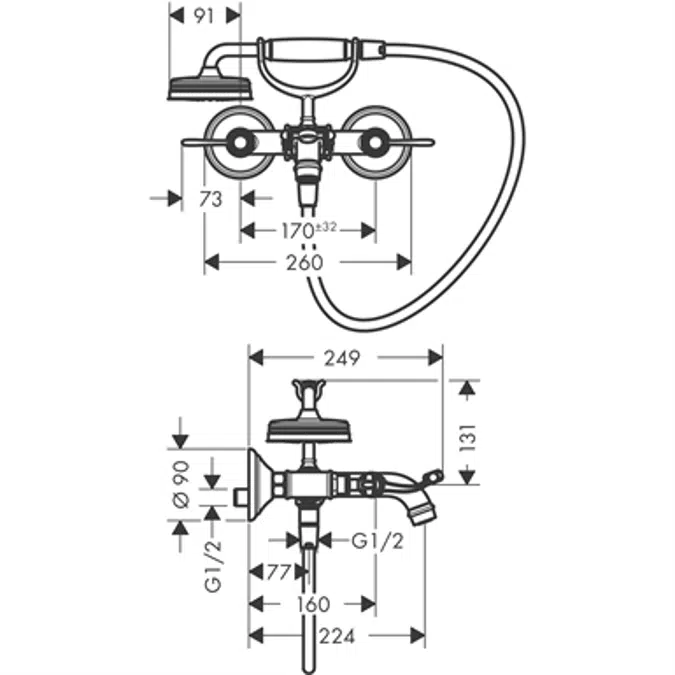 AXOR Montreux 2-handle bath mixer for exposed installation with lever handles 16551820