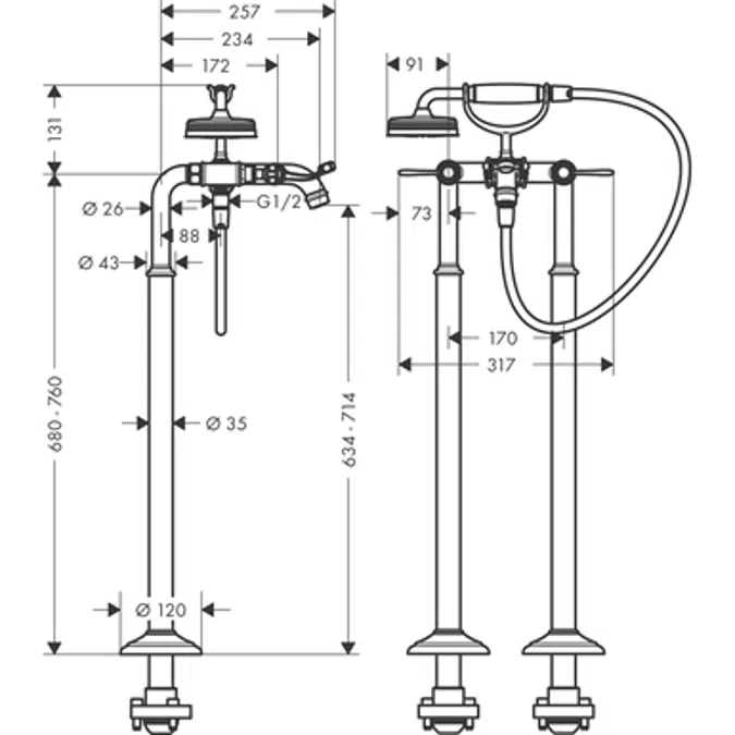 AXOR Montreux 2-handle bath mixer floor-standing with lever handles 16553820