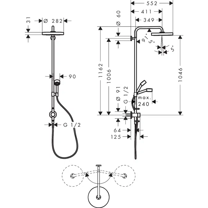 48796XXX AXOR One Showerpipe with thermostat and overhead shower 280 1jet for concealed installation