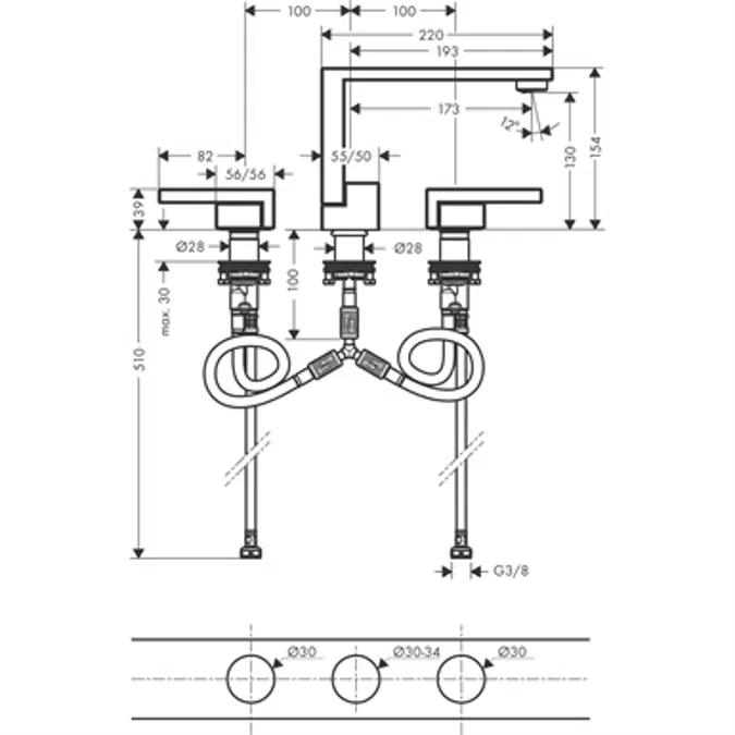 AXOR Edge 3-h.basin mixer diamond cut chr.