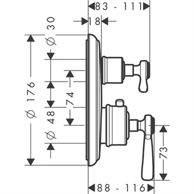 AXOR Montreux Thermostat for concealed installation with lever landle and shut-off/ diverter valve 16821820