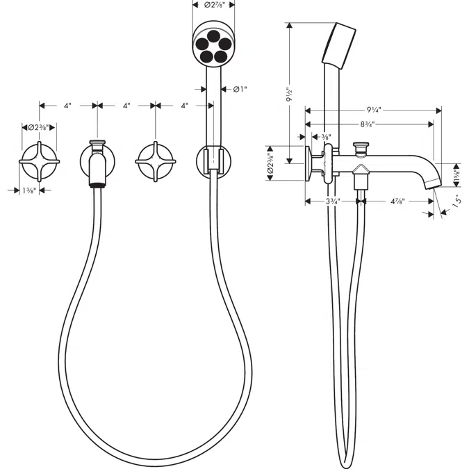 48443USA AXOR One 3-hole bath mixer for concealed installation wall-mounted with cross handles and hand shower