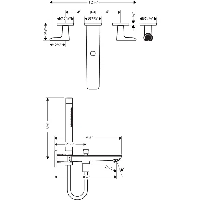 49481USA AXOR Citterio C 3-hole bath mixer for concealed installation wall-mounted with hand shower - cubic cut