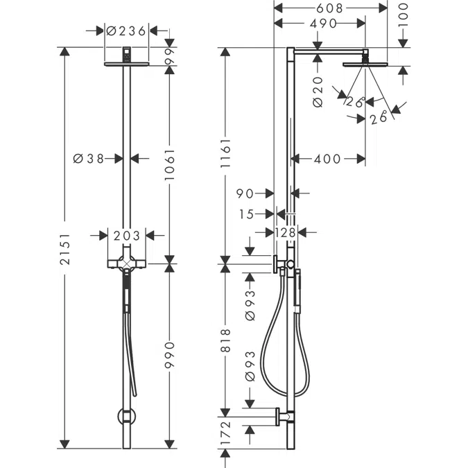 AXOR Starck Shower column with thermostat and overhead shower 240 1jet