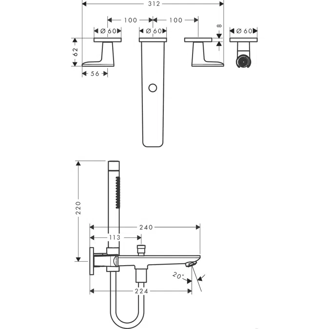 AXOR Citterio C 3-hole bath mixer for concealed installation wall-mounted with hand shower