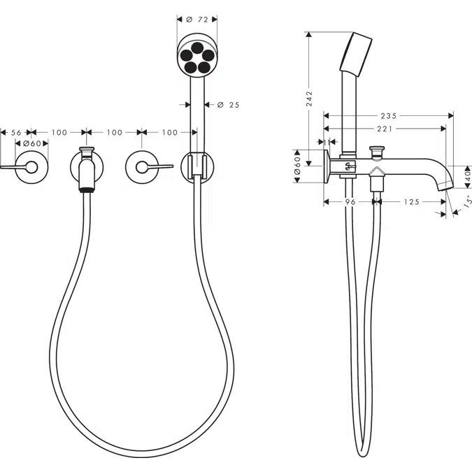 48444XXX AXOR One 3-hole bath mixer for concealed installation wall-mounted with lever handles and hand shower