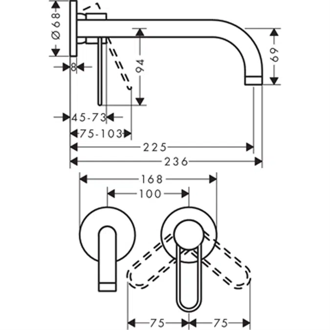 AXOR Uno Single lever basin mixer for concealed installation wall-mounted with loop handle and spout 225 mm 38122820