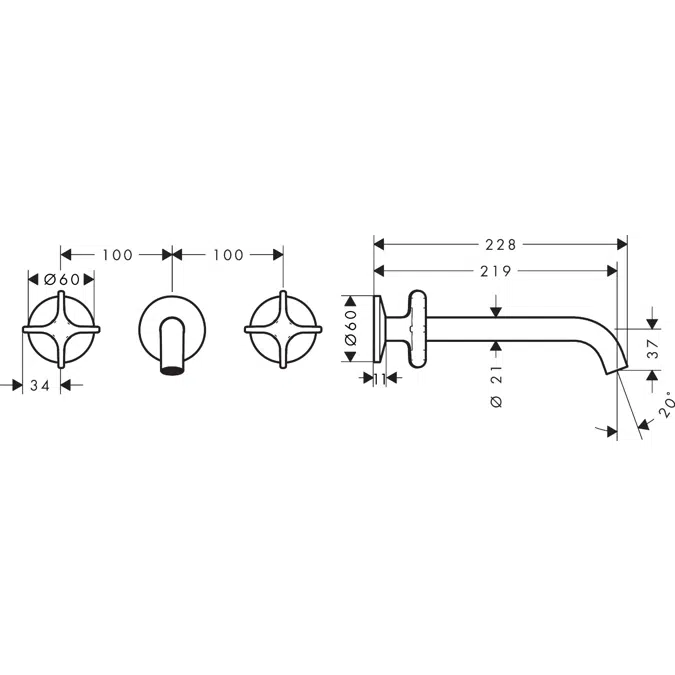 48430XXX AXOR One 3-hole bath mixer for concealed installation wall-mounted with cross handles