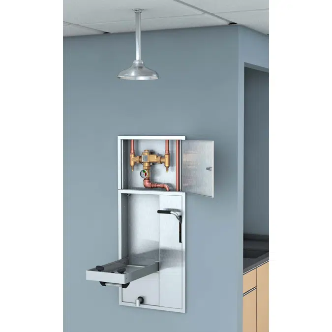 GBF2252, Barrier-Free Recessed Safety Station with Drain Pan, Exposed Shower Head and Thermostatic Mixing Valve