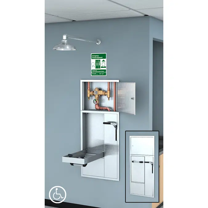 GBF2270, Barrier-Free Recessed Safety Station with Drain Pan, Wall Mounted Exposed Shower Head and Thermostatic Mixing Valve