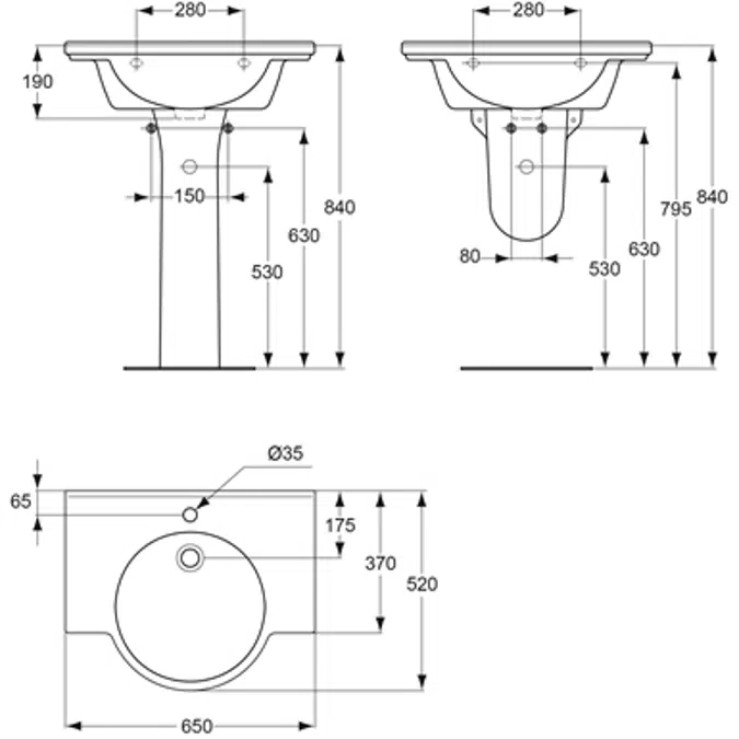 Sapho Lavabo pour personnes à mobilité réduite 650 mm avec trop-plein