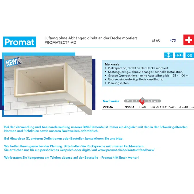 PROMATECT-AD Lüftungskanal an der Decke montiert - Promat Schweiz