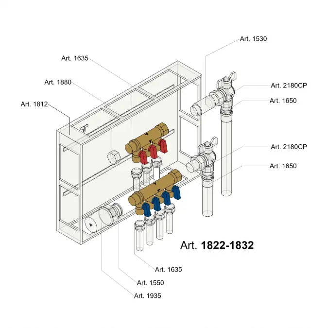 1822 - 1832 _ G3/4" or G1" NINO Manifold with ball valve, connections G1/2"x16