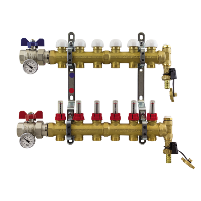 Image for 3873 - 3873BY _ G1” distribution manifold in moulded brass FLOOR with connections 3/4"x18 (Euroconus) and fluxmeters, optional bypass