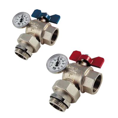 Image for 2183R _ Full bore angle ball valve for MANIFOLDS male/female with T handle, tailpiece, and temperature indicator