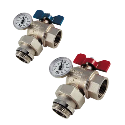 afbeelding voor 2183R _ Full bore angle ball valve for MANIFOLDS male/female with T handle, tailpiece, and temperature indicator