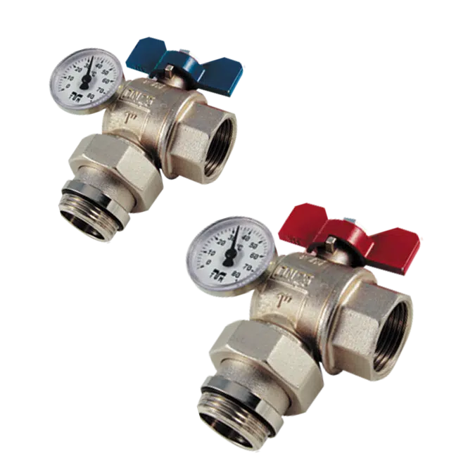 2183R _ Full bore angle ball valve for MANIFOLDS male/female with T handle, tailpiece, and temperature indicator