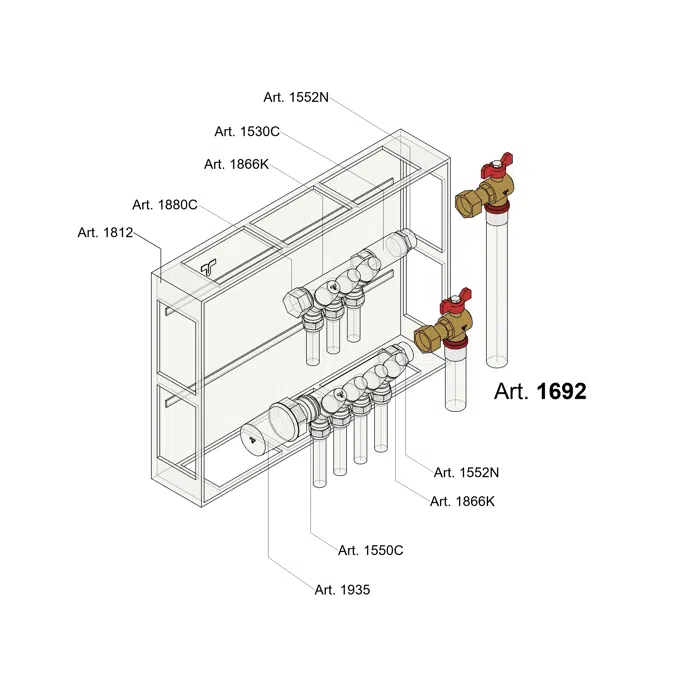 1692 _ Ball valve for WATER threaded female with red "T" handle, press multilayer pipe end loose nut.