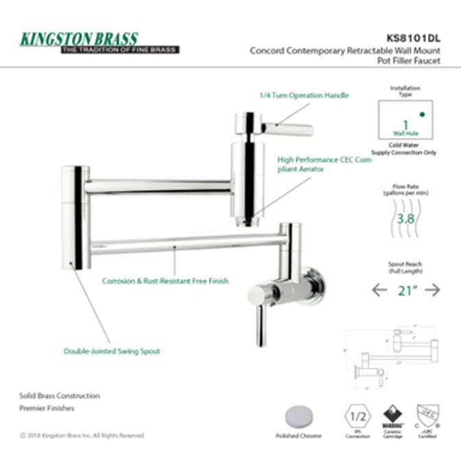 Kingston Brass Concord Two-Handle 1-Hole Wall Mounted Pot Filler