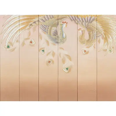 Image for Folding screen with dancing male and female phoenixes design [ 屏風「雌雄の鳳凰」 ]