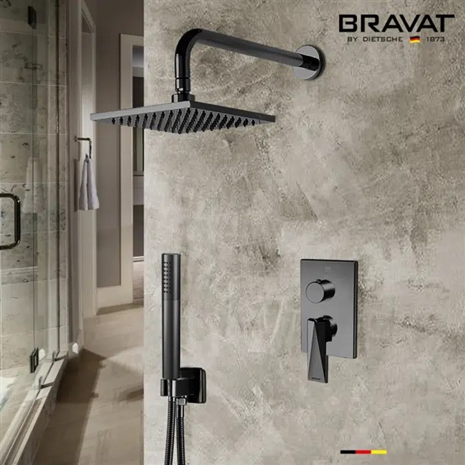 Bravat Wall Mounted Square Shower Set With Valve Mixer 2-Way Concealed In Matte Black