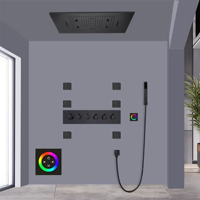 Fontana Marseille Recessed Matte Black Touch Panel Controlled Thermostatic Rainfall Waterfall Shower Head Set with Massage Body Jets and Hand Sprayer