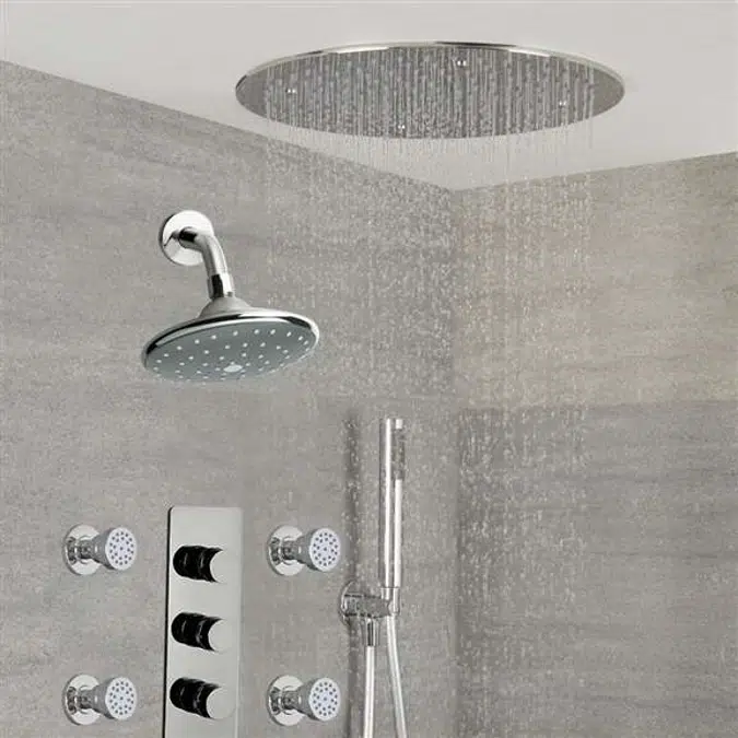 Fontana Dual Rain Shower Heads with Handshower 4 Jet Sprays Triple Handle Thermostatic Mixer