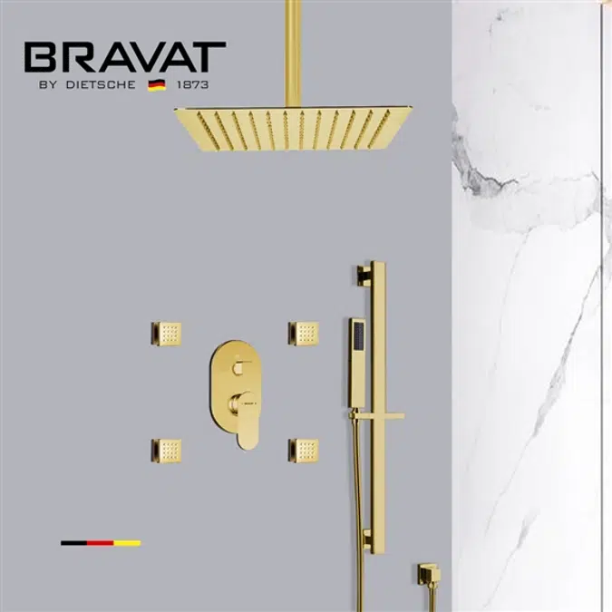 Bravat Brushed Gold Square Shower Set With Valve Mixer 3-Way Concealed Ceiling Mounted