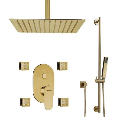 Bravat Brushed Gold Square Shower Set With Valve Mixer 3-Way Concealed Ceiling Mounted图像