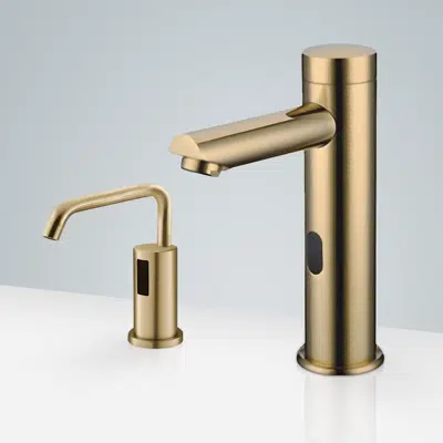 afbeelding voor Fontana Chatou Brushed Gold Motion Touchless Faucet & Hands-Free Automatic No Touch Soap Dispenser for Restrooms