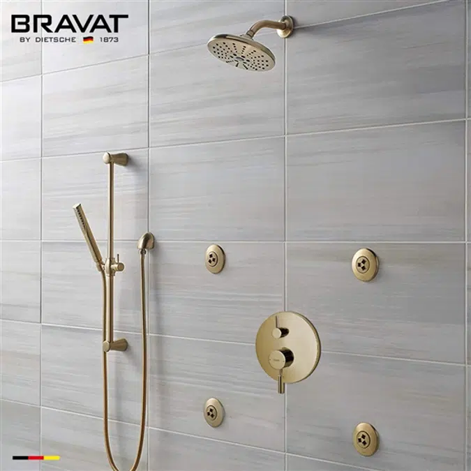 Bravat Saxony Brushed Gold Wall Mounted Round Rainfall Shower Set With Valve Mixer 3-Way Concealed And Four Round Body Jets With Handheld Shower