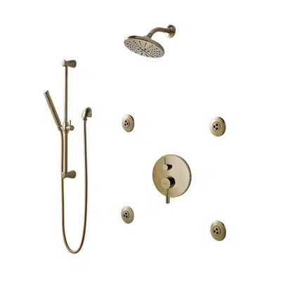 afbeelding voor Bravat Saxony Brushed Gold Wall Mounted Round Rainfall Shower Set With Valve Mixer 3-Way Concealed And Four Round Body Jets With Handheld Shower