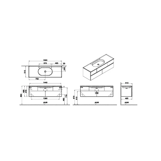 Washbasin Unit - 150cm - With Drawer - With Right Faucet Hole - Memoria Series - VitrA