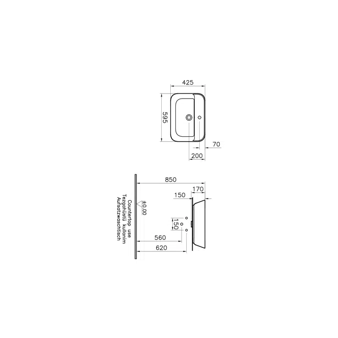 Wash Basin - Counter Top - Soft Square Bowl - 60cm - With Tap Hole - Geo Series - VitrA